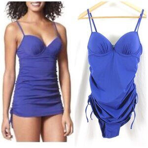 Assets Spanx Blue Shirred Underwire Pushup Power Convertible Swimsuit
